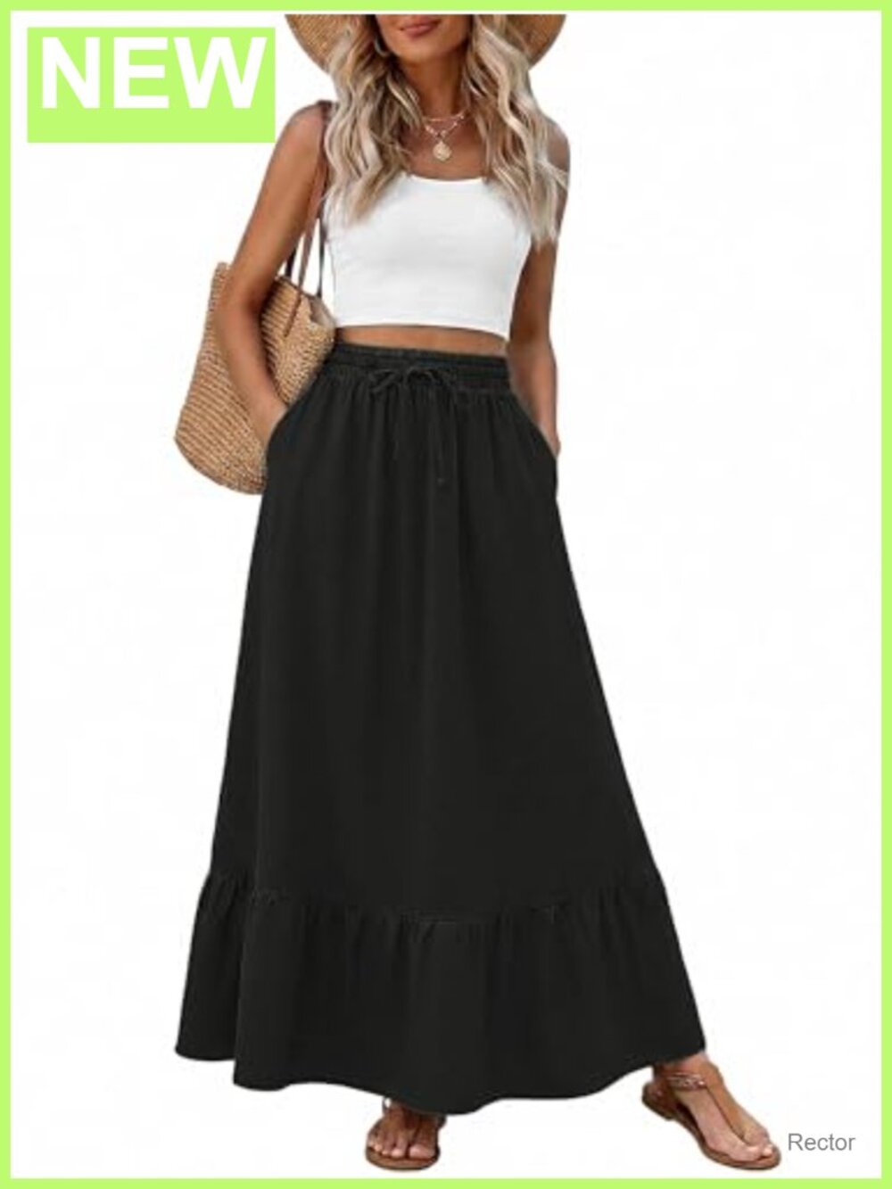 High Waisted Maxi Skirt with Pockets Tiered Ruffle Hem Elastic Waist